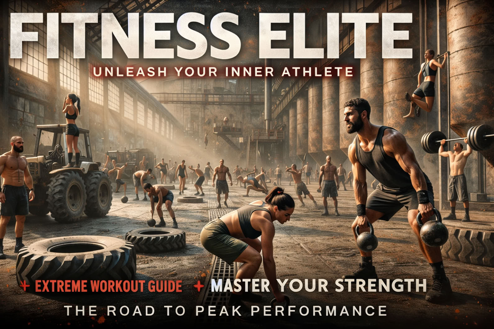 hyper-realistic, grounded scene of a Street Workout session in an industrial urban area in Eastern Europe. The setting includes old factory building