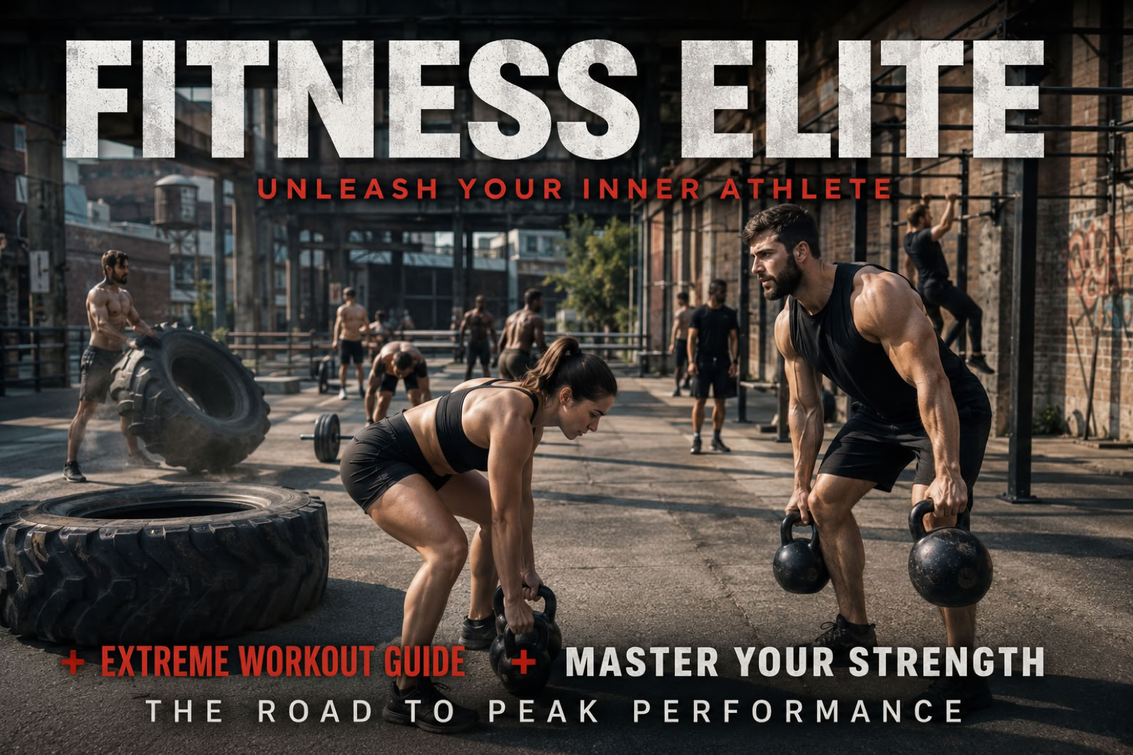 hyper-realistic, grounded scene of a Street Workout session in an industrial urban area in Eastern Europe. The setting includes old factory building